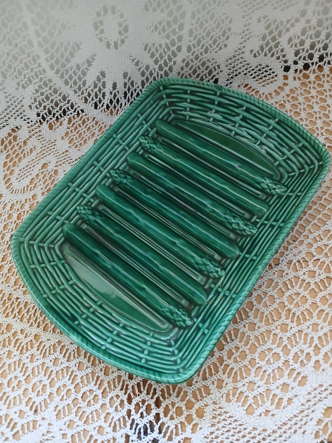 Antique Barbotine dish with asparagus motifs