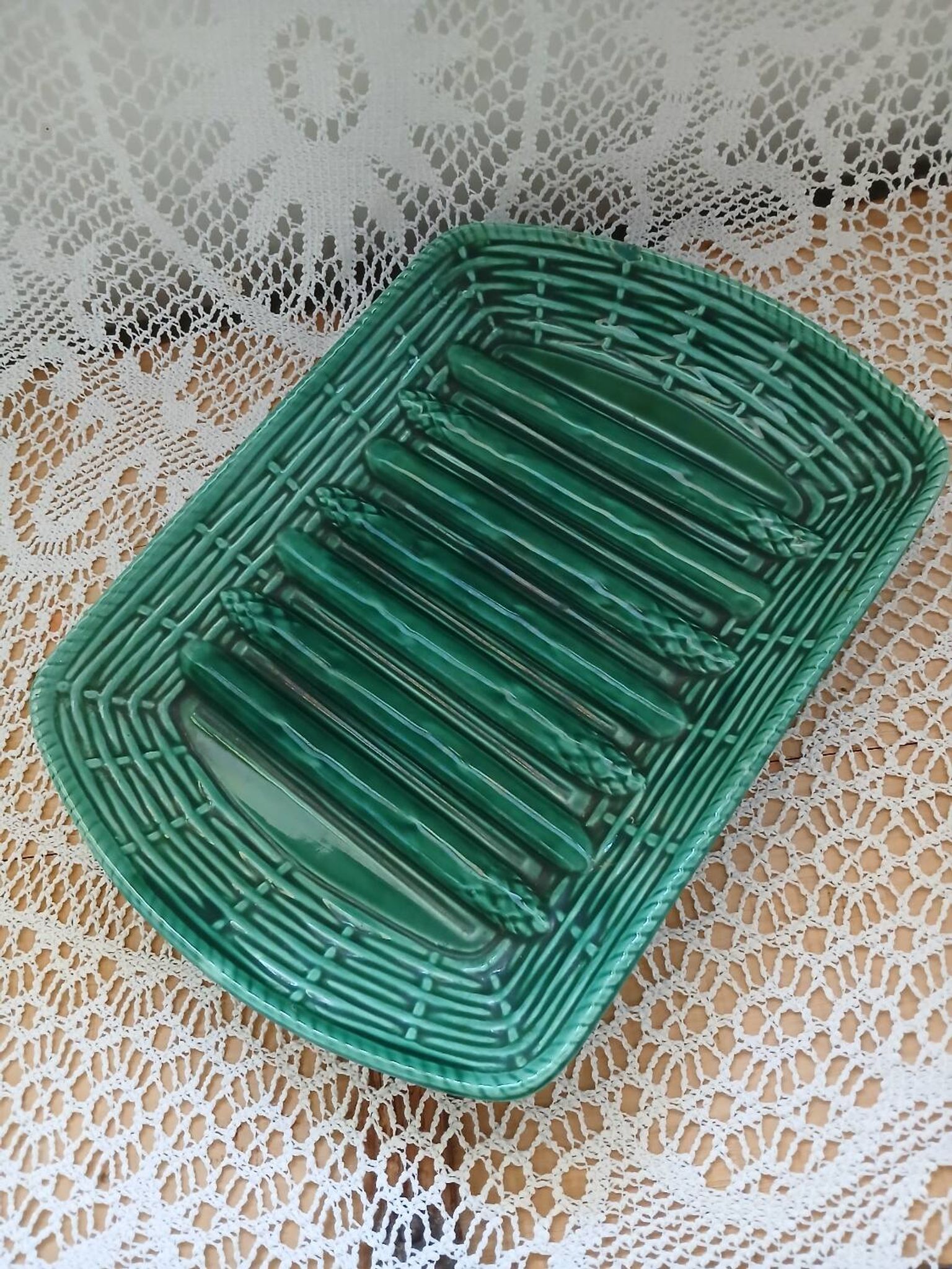 Antique Barbotine dish with asparagus motifs