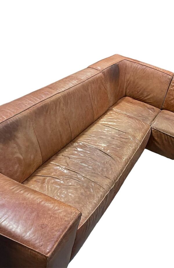 XXL Salon canapé d’angle cuir patiné vintage 1980