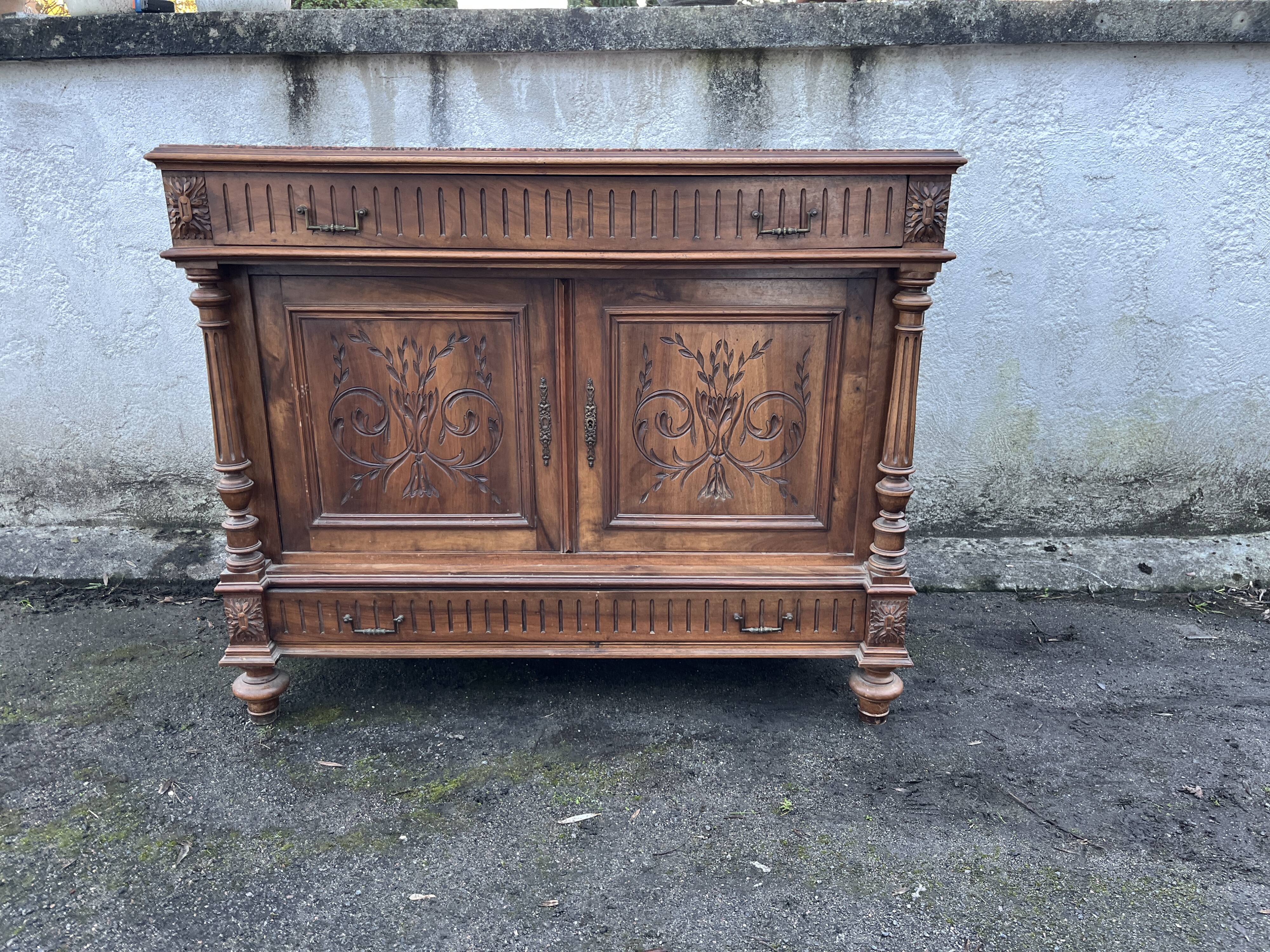 Henri II style low sideboard – carved wood and red marble top
