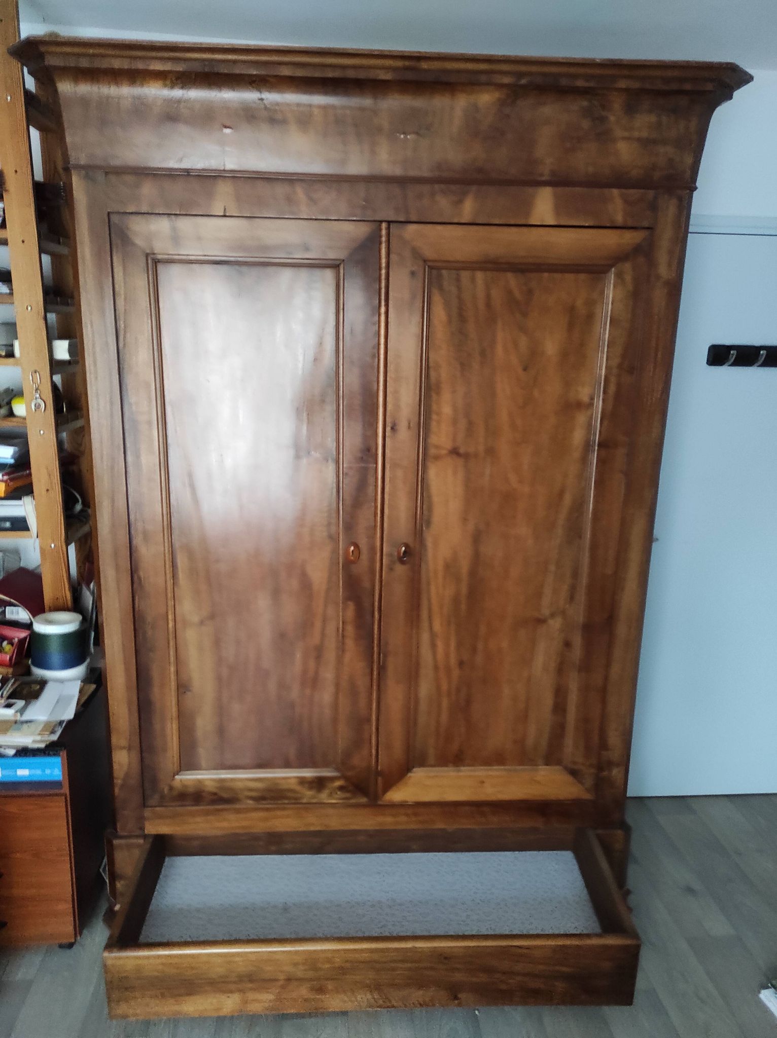Old walnut wood cabinet with hat and 2 drawer doors