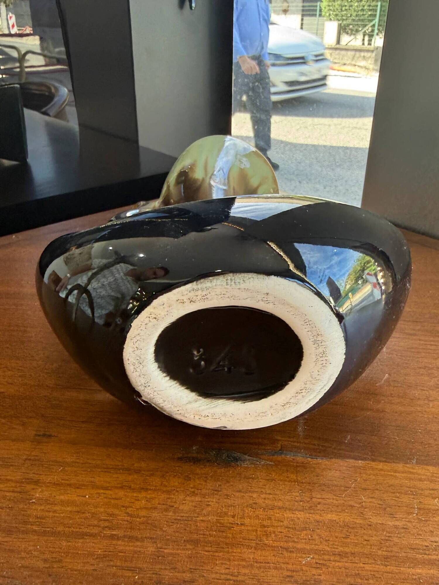 Vintage ceramic vase sculpture with openwork handles – Flamed green & black glaze (c. 1950–1960, Numbered 343)