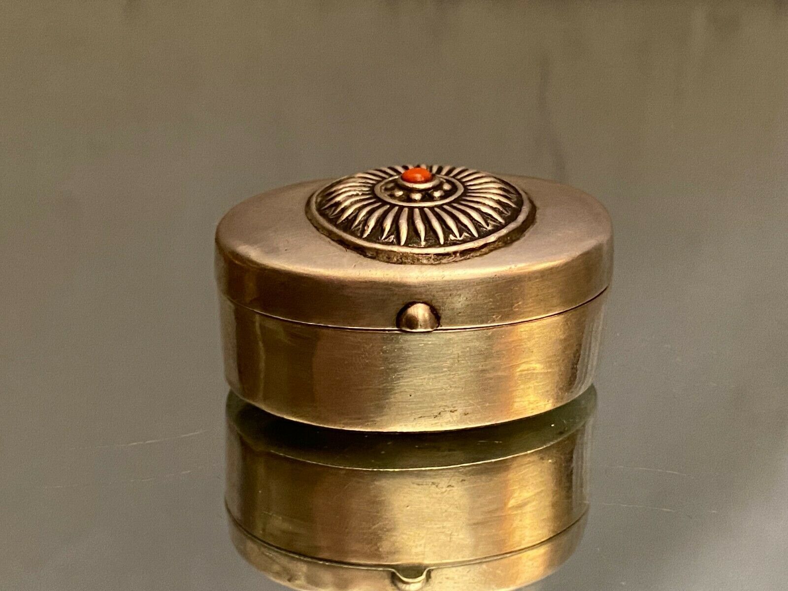 Oval silver box enhanced with coral Middle East India Asia