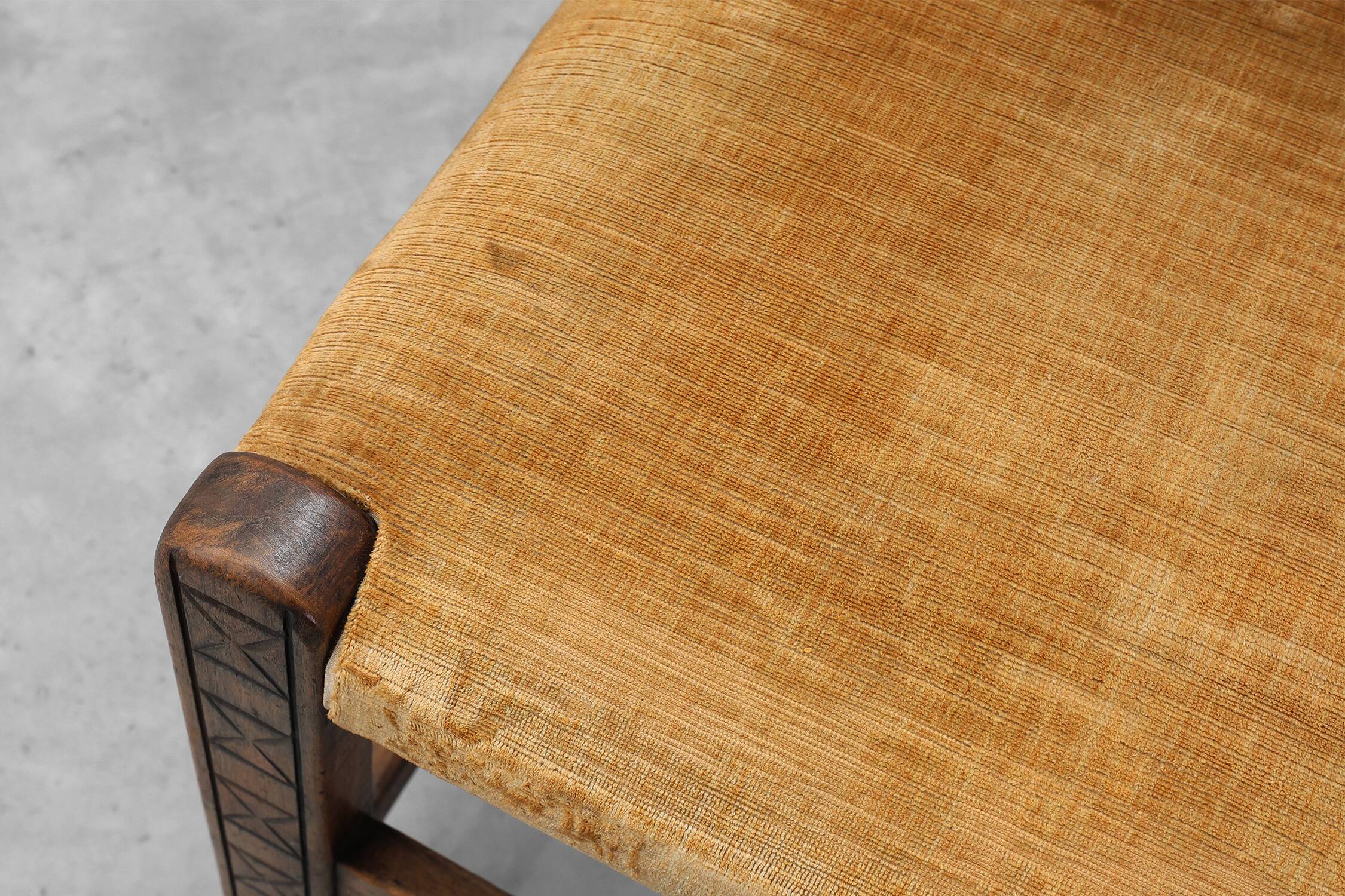 19th Century Spanish Hand-Carved oak Side Chair with Velour Seat