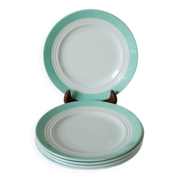 Set of 5 Saint-Smand dessert plates with mint colored edge, 1950