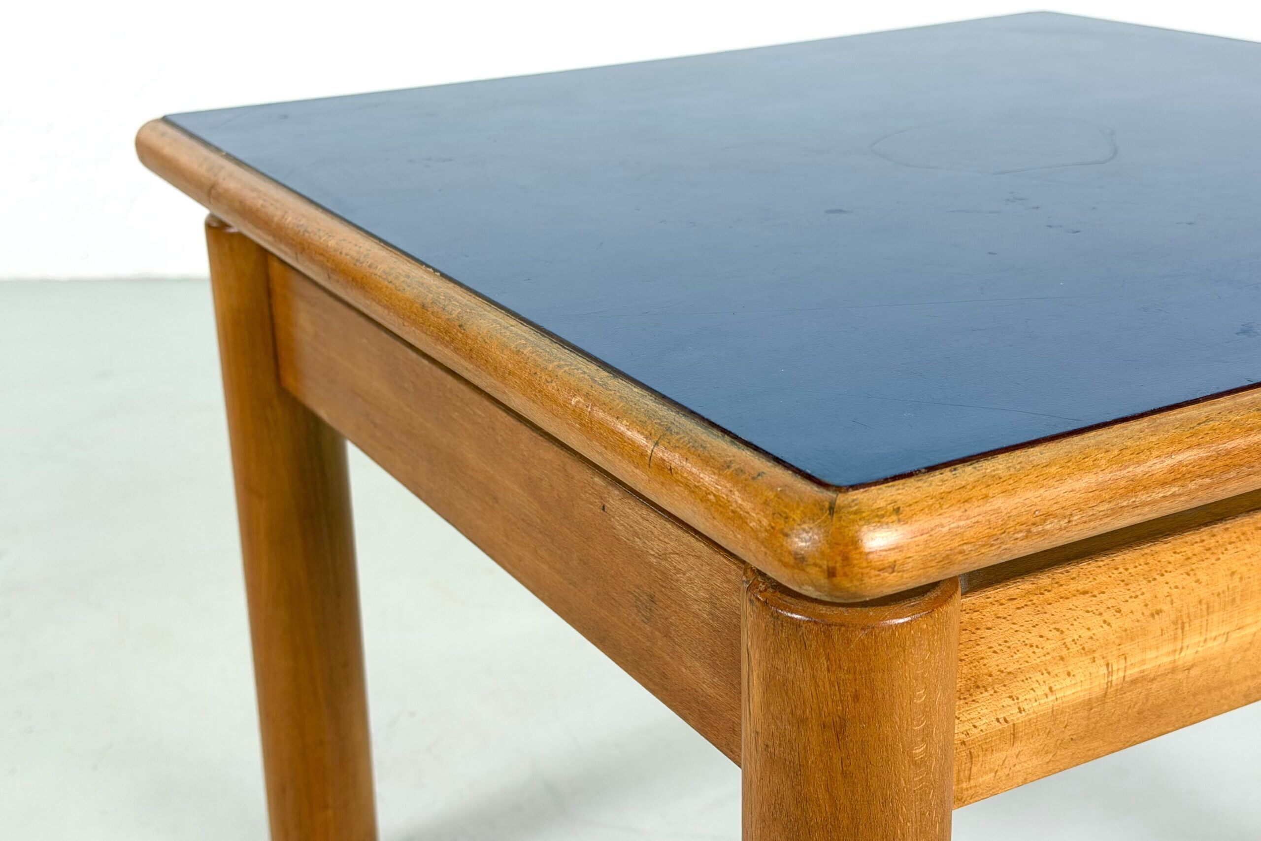 Beech coffee table with a blue formica top, France – 1960s