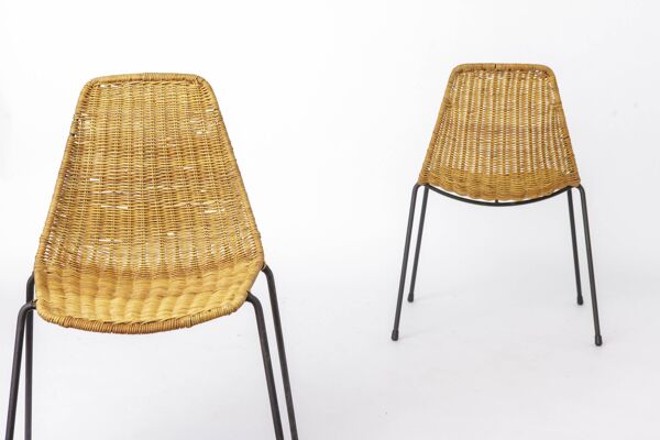 Ensemble de 2 chaises panier Gianfranco Legler, chaises en rotin des années 1950, style milieu de siècle.