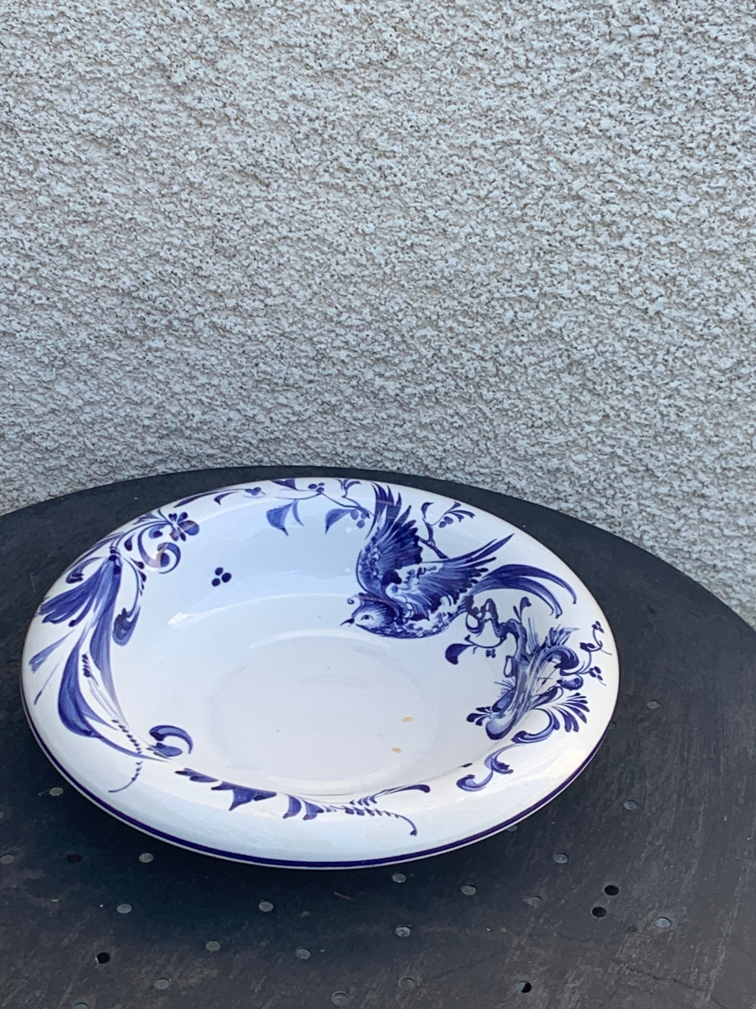 Hollow dish in enameled ceramic bird pattern hand painted Portugal numbered