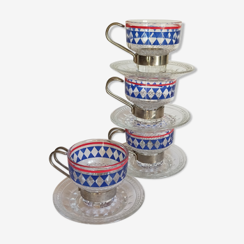 Quatre tasses à café vintages verre sérigraphié et métal