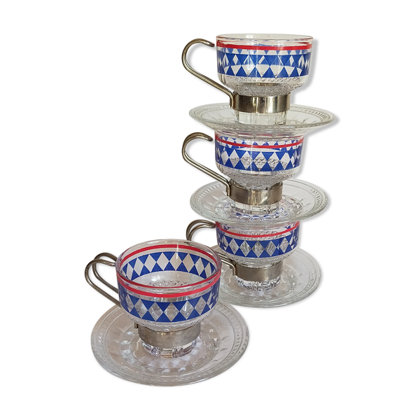 Quatre tasses à café vintages verre sérigraphié et métal