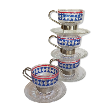 Four vintage coffee cups screen printed glass and metal