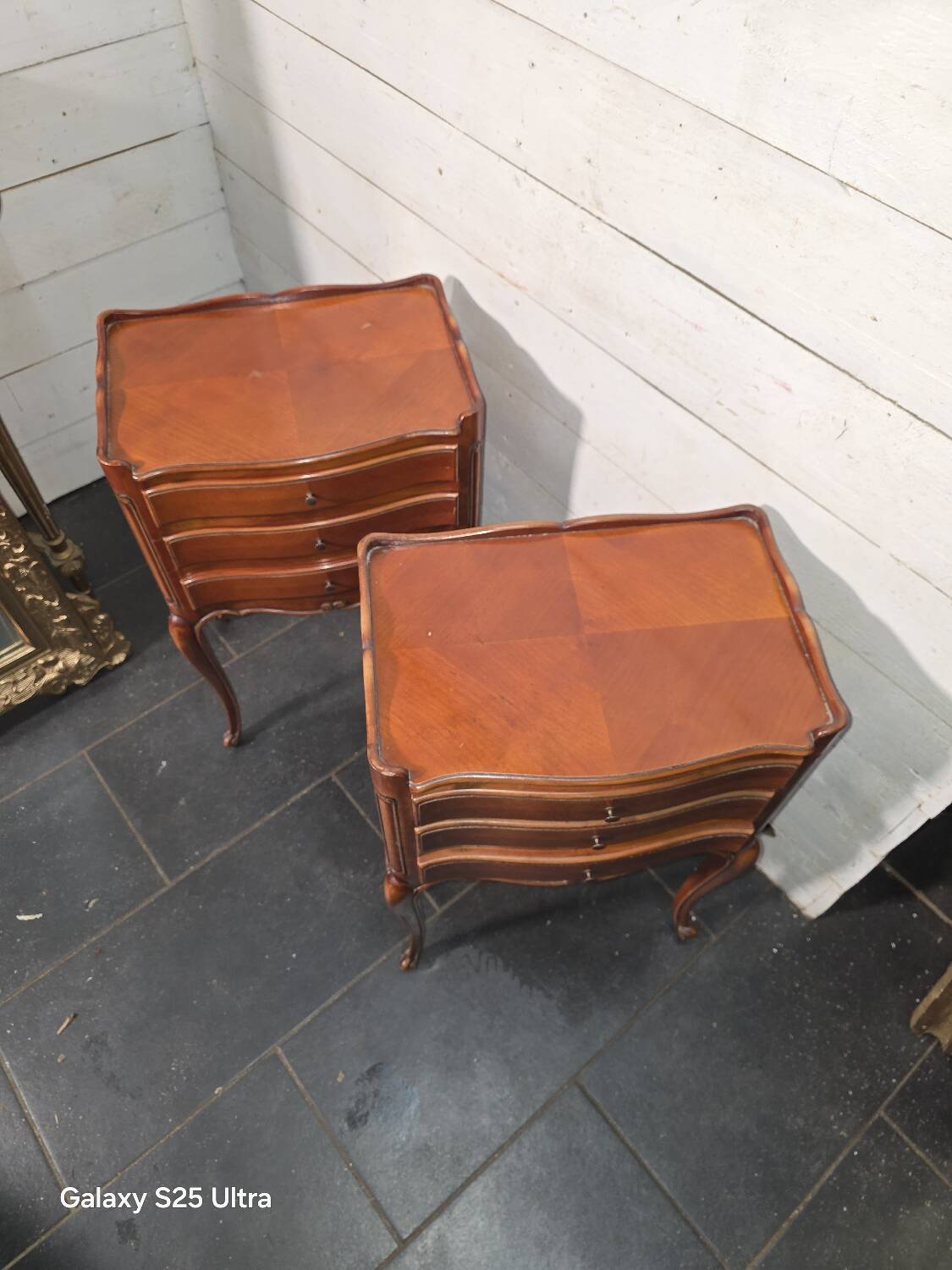 Pair of Louis XV style bedside tables in cherry wood marquetry.