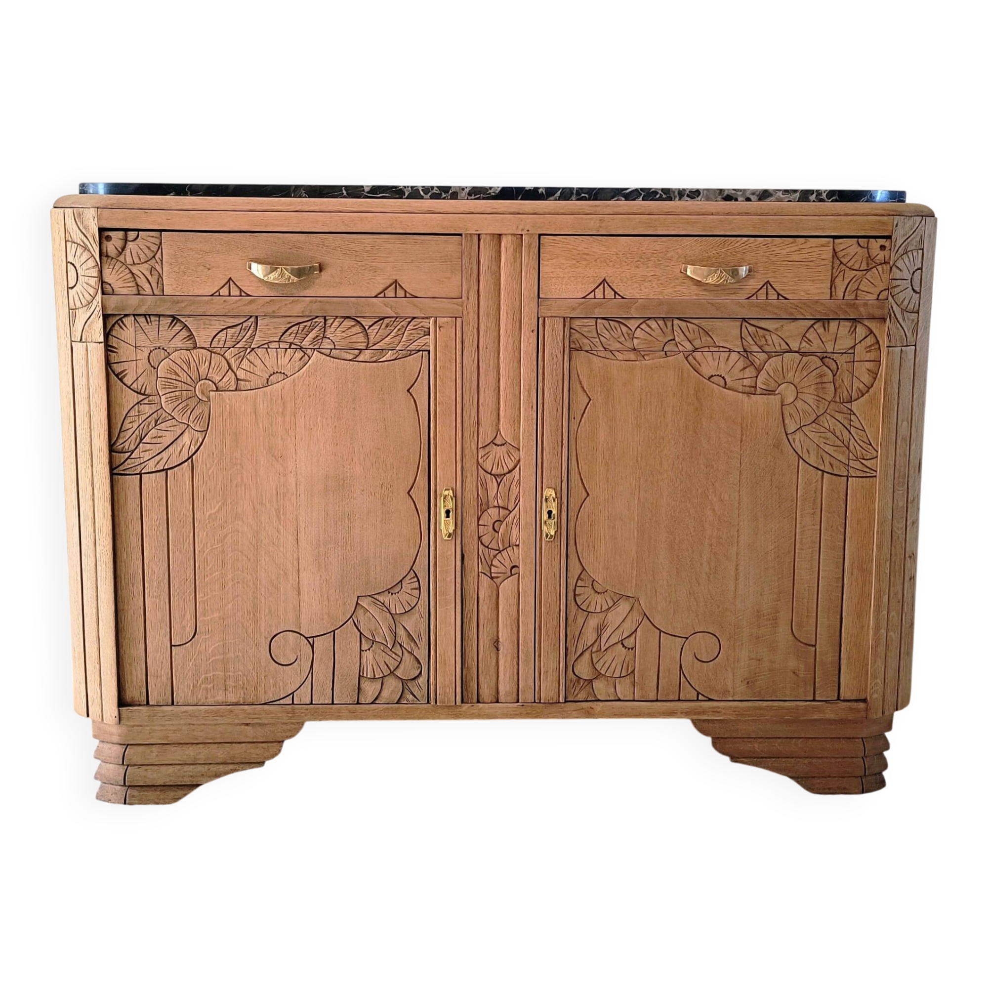 Art Deco Sideboard - Solid Oak - Black Marble