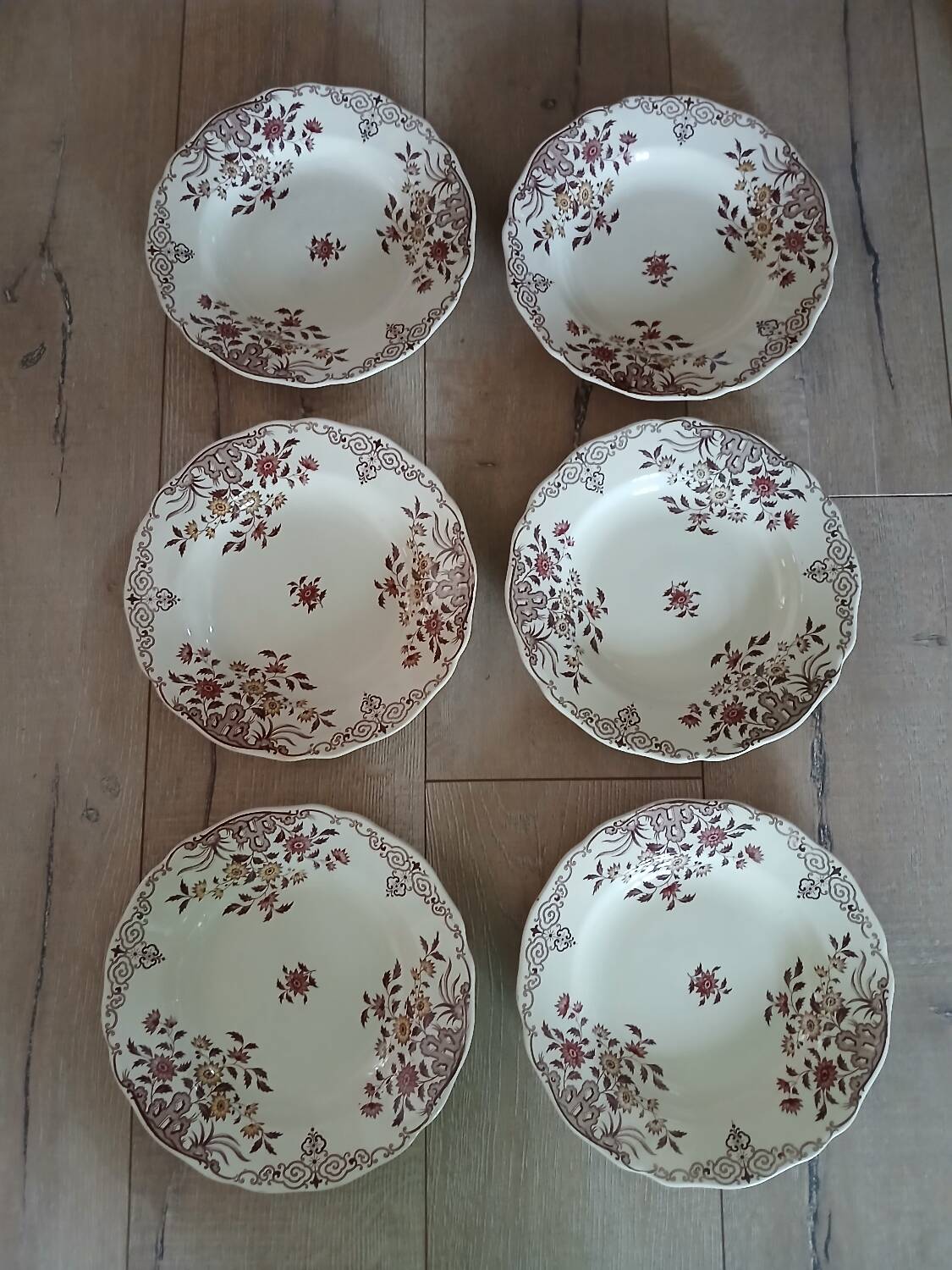 6 polychrome ironstone soup plates