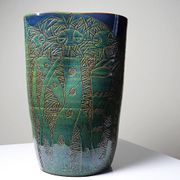 Vintage blue-green handcrafted pottery vase with incised tribal design by Eseka Pottery