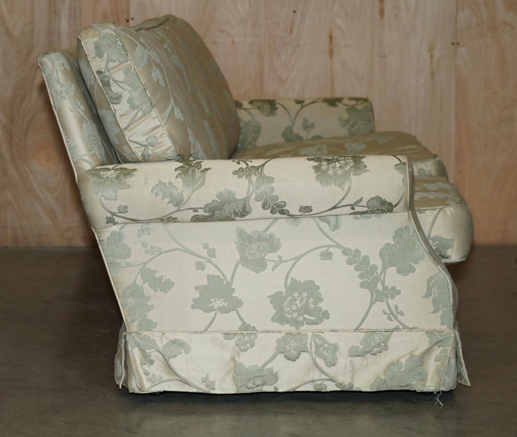 Pair of Howard & Son's style sofas in floral patterned silk blend.