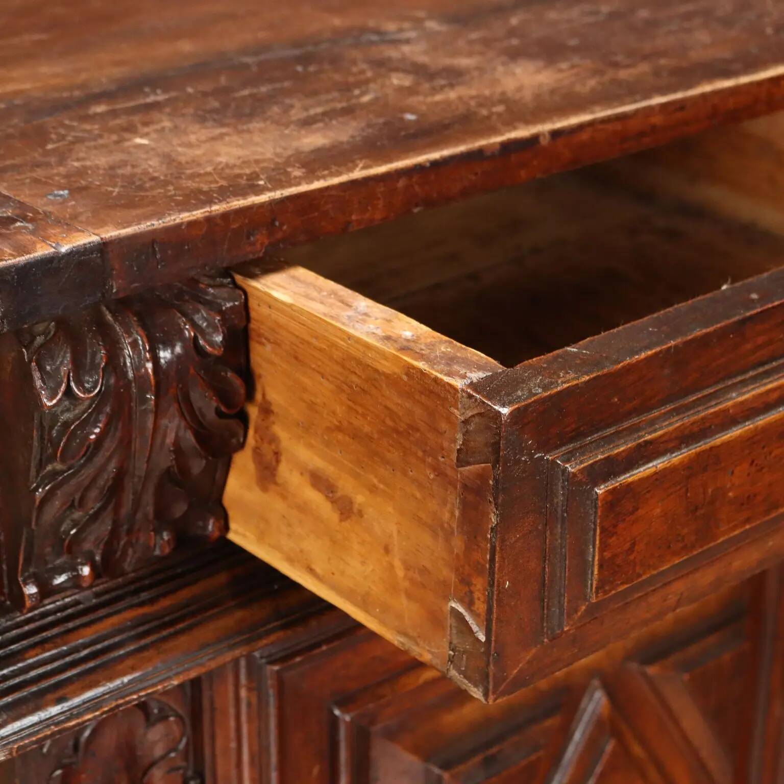 Ancient baroque walnut buffet with decorations, 18th century