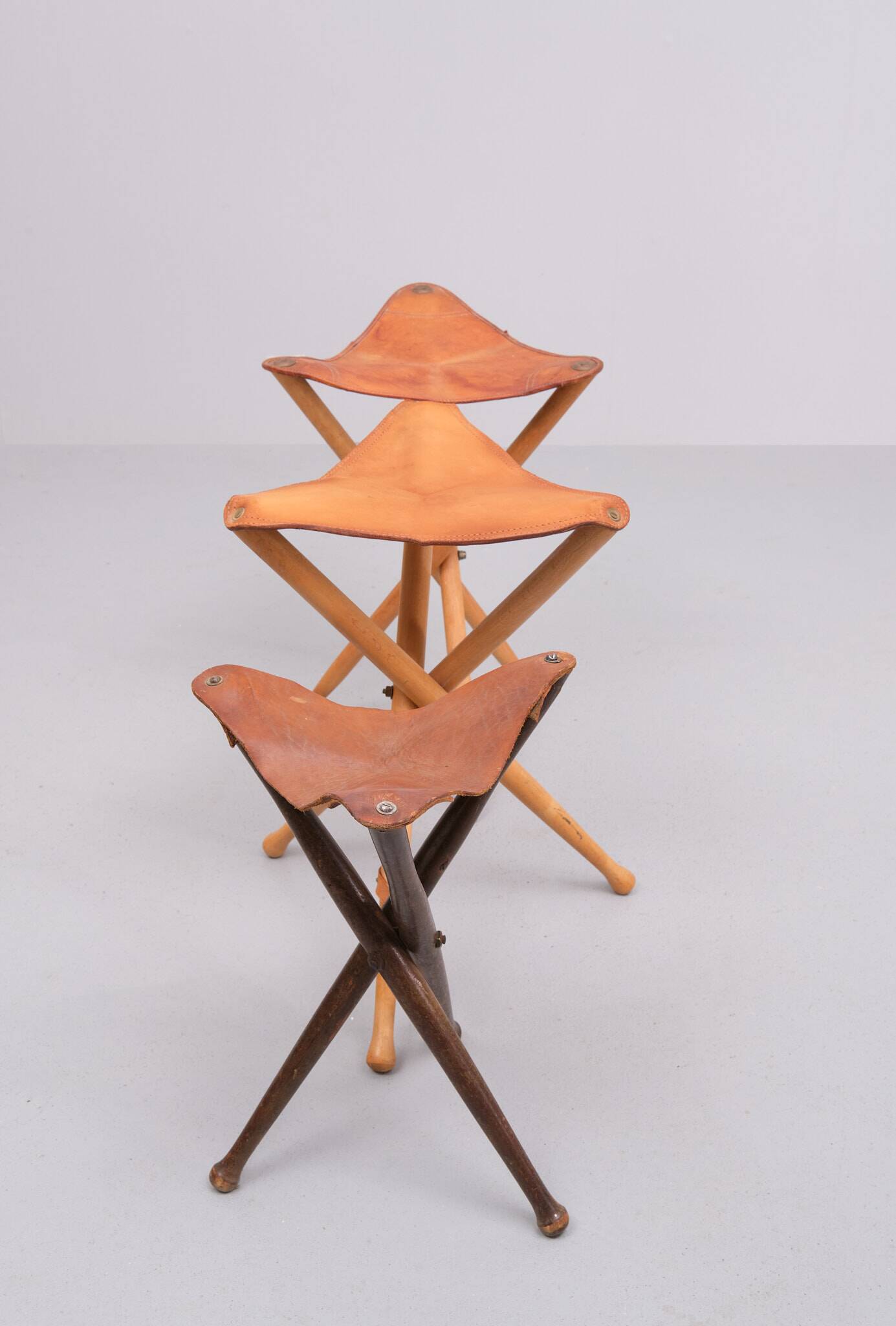 Three folding hunting chairs Leather seats 1960s