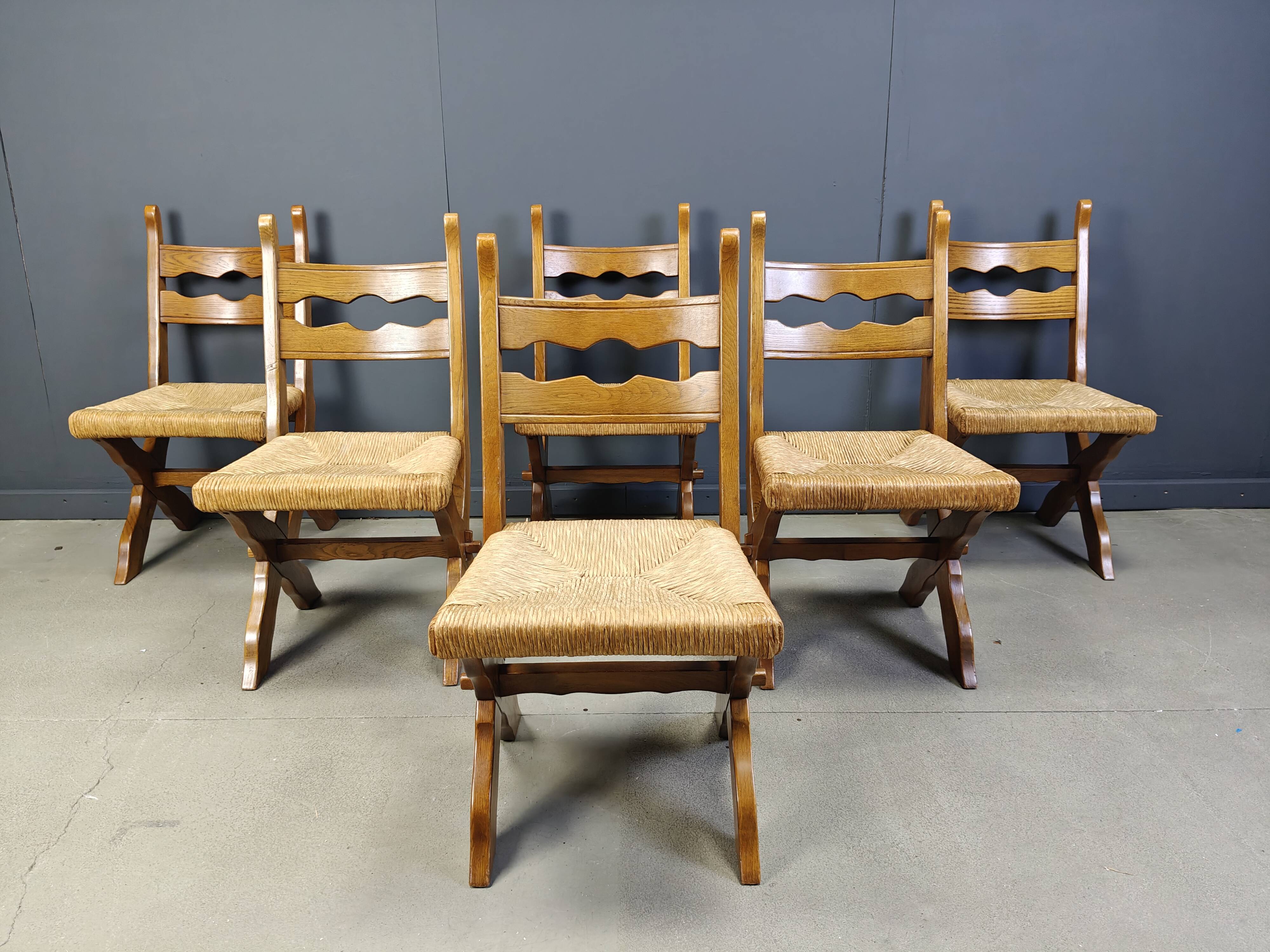 Vintage oak and wicker brutalist chairs, 1960s - set of 6