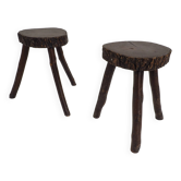 Set of 2 rustic hand-crafted wooden stools