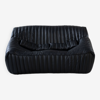 Cinna Ligne Roset Black leather 2-seater sofa attributed to Annie Hieronimus, 1970s