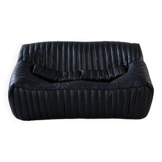 Canapé 2 places Cinna Ligne Roset en cuir noir attribué à Annie Hieronimus, années 1970