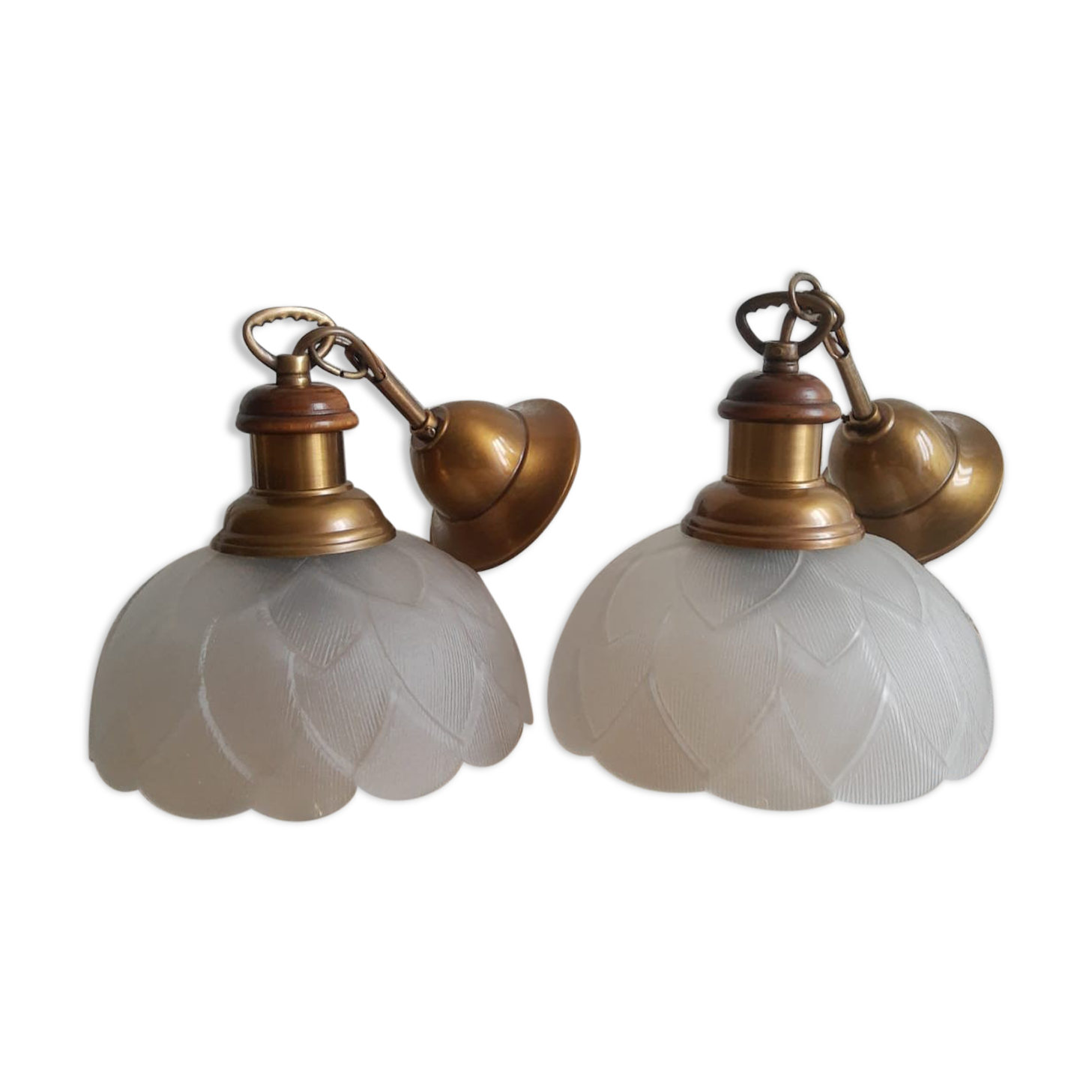 Pair of frosted glass flower pendant lights with vintage wood and brass