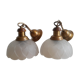 Pair of frosted glass flower pendant lights with vintage wood and brass
