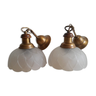 Pair of suspension frosted glass flowers wood brass vintage