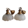 Pair of frosted glass flower pendant lights with vintage wood and brass