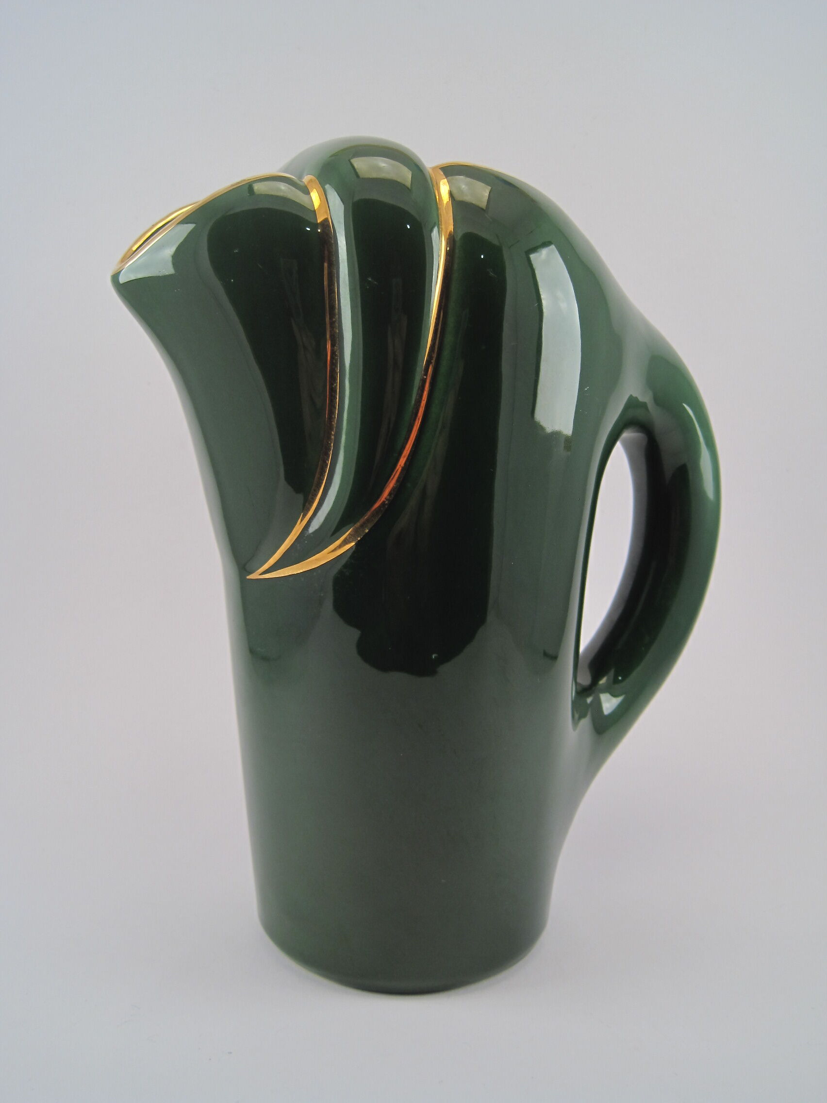 Modernist pitcher in green and gold glazed ceramic, brand MAGDALITHE MADE IN FRANCE around 1950 1