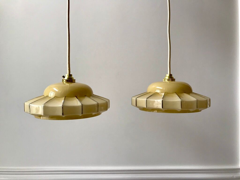 Pair of suspensions in opaline glass cream and silver border art deco 30s