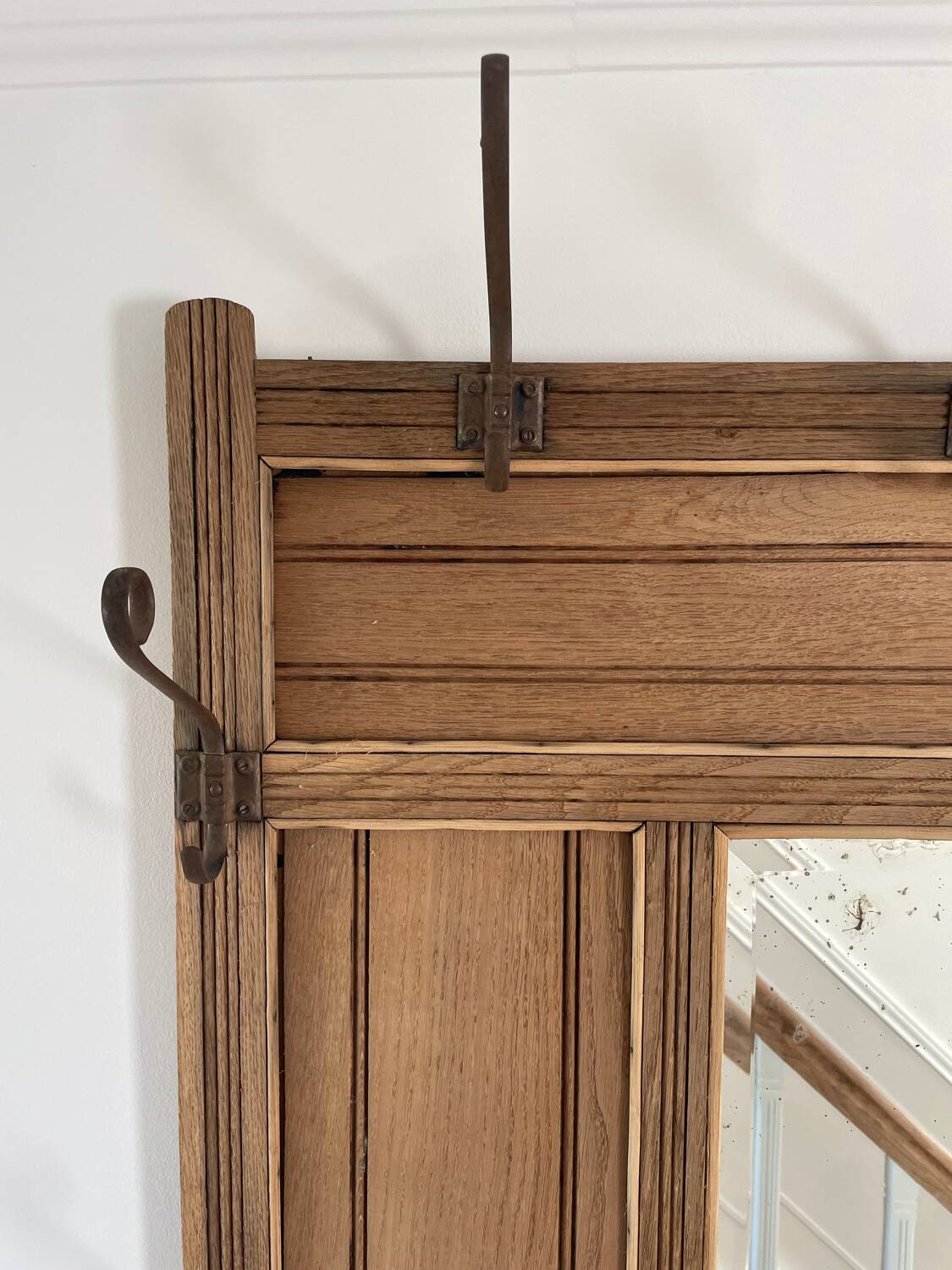 Vintage carved wood wall coat rack mirror - 6 iron hooks