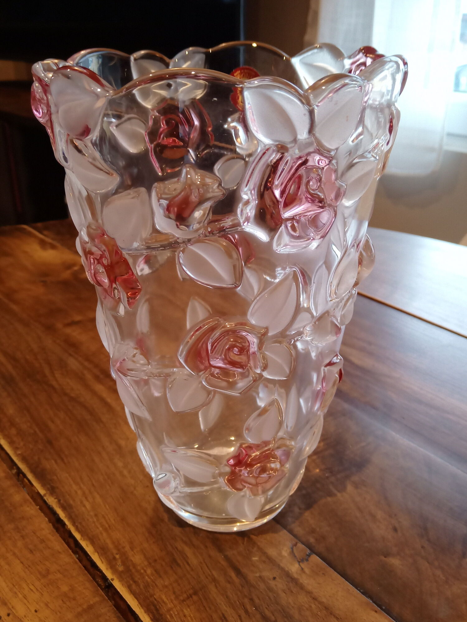 Glass vase molded pink flowers and opaque foliage "Original Waltherglas made in Germany"