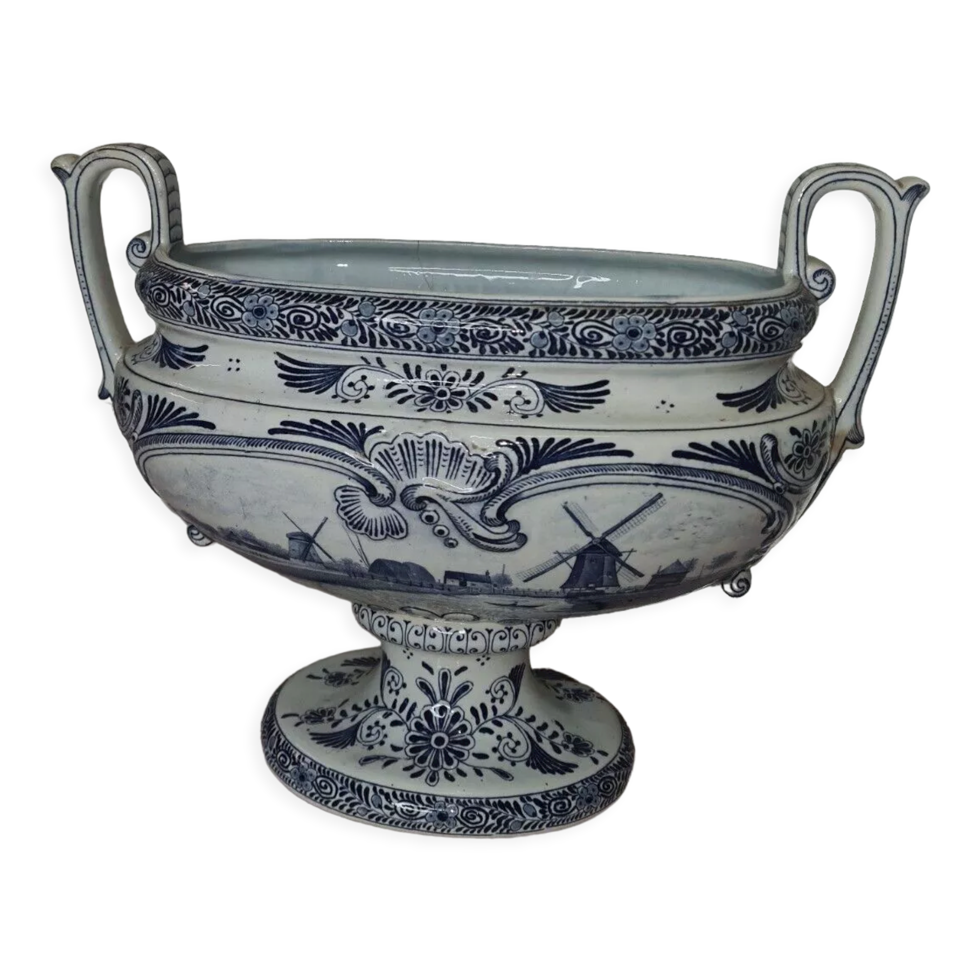 Delft earthenware planter with mill decoration