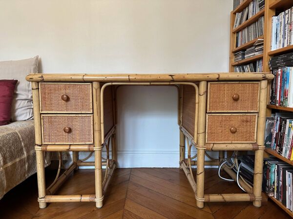 Bureau rotin, osier tressé et bois