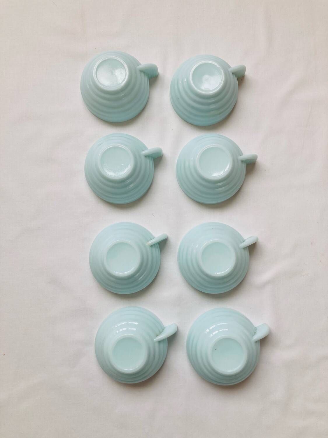 8 Art Deco Opaline Glass Coffee Cups and Saucers "The Economy"