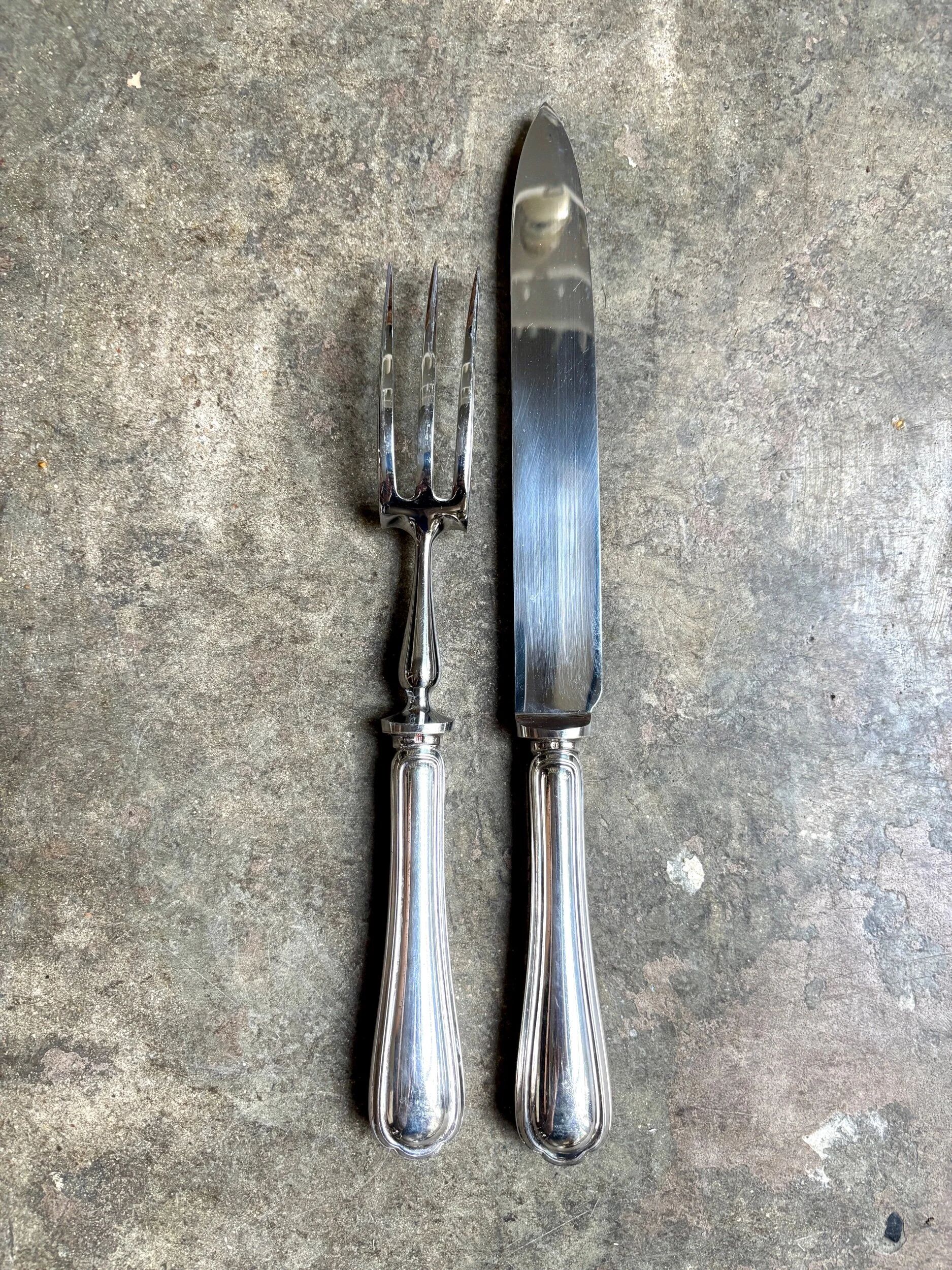 2 service cutlery sets, Christofle silver-plated meat, "Spatours" pattern.