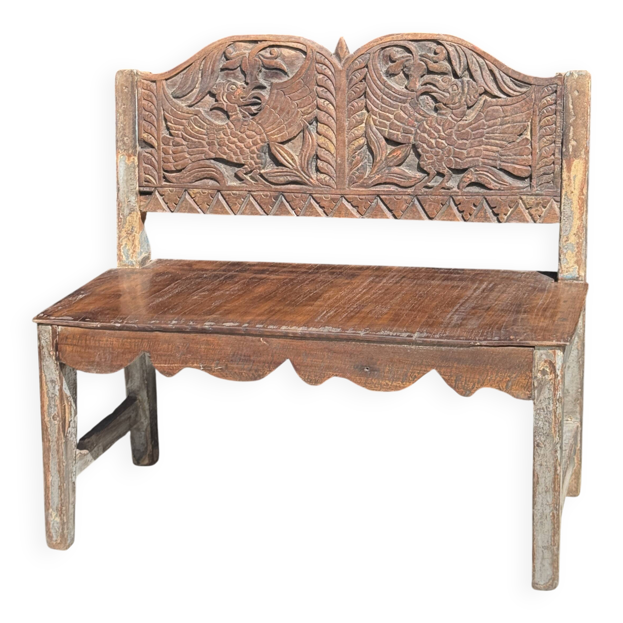 Mini banc à dossier sculpté à motif d'oiseaux stylisés H58 L61