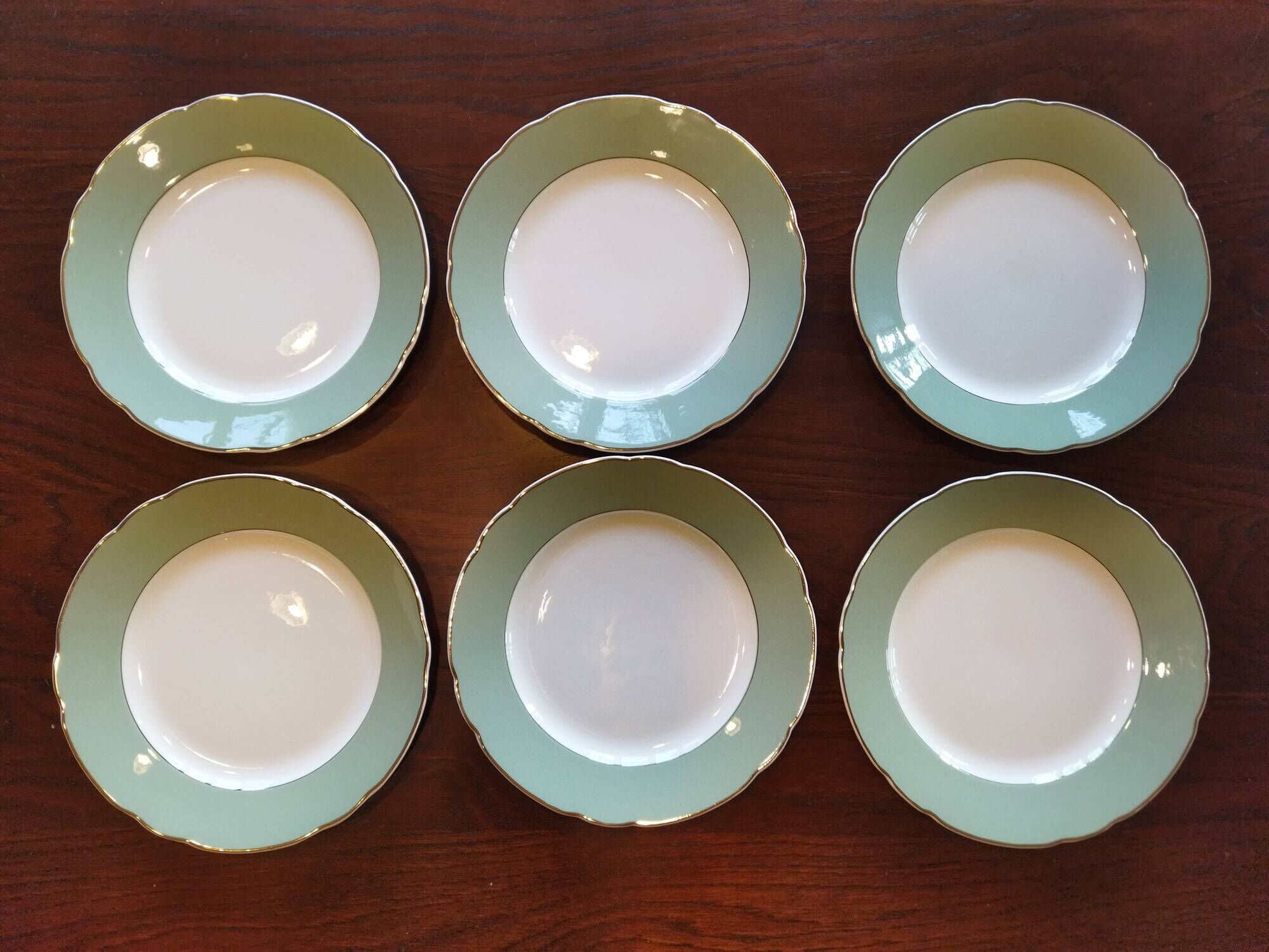 12 flat plates Villeroy & Boch Mettlach celadon green and vintage gold 1960s