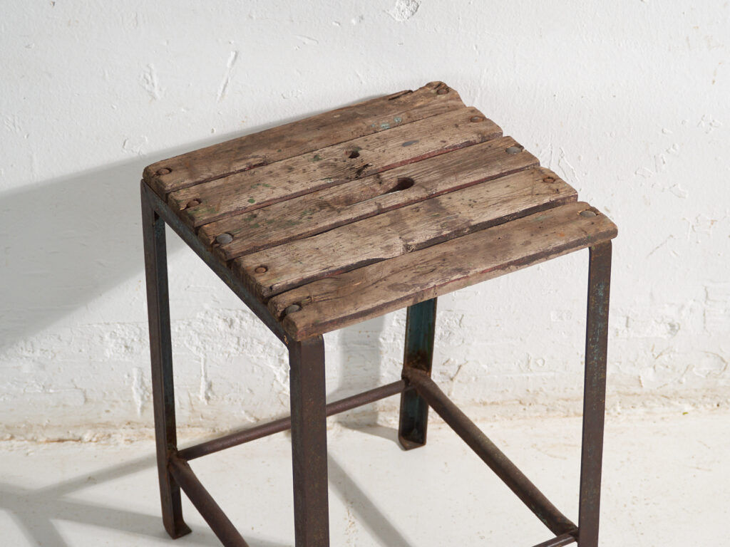 Vintage industrial stool made of pine wood and iron – Central Europe, around 1950