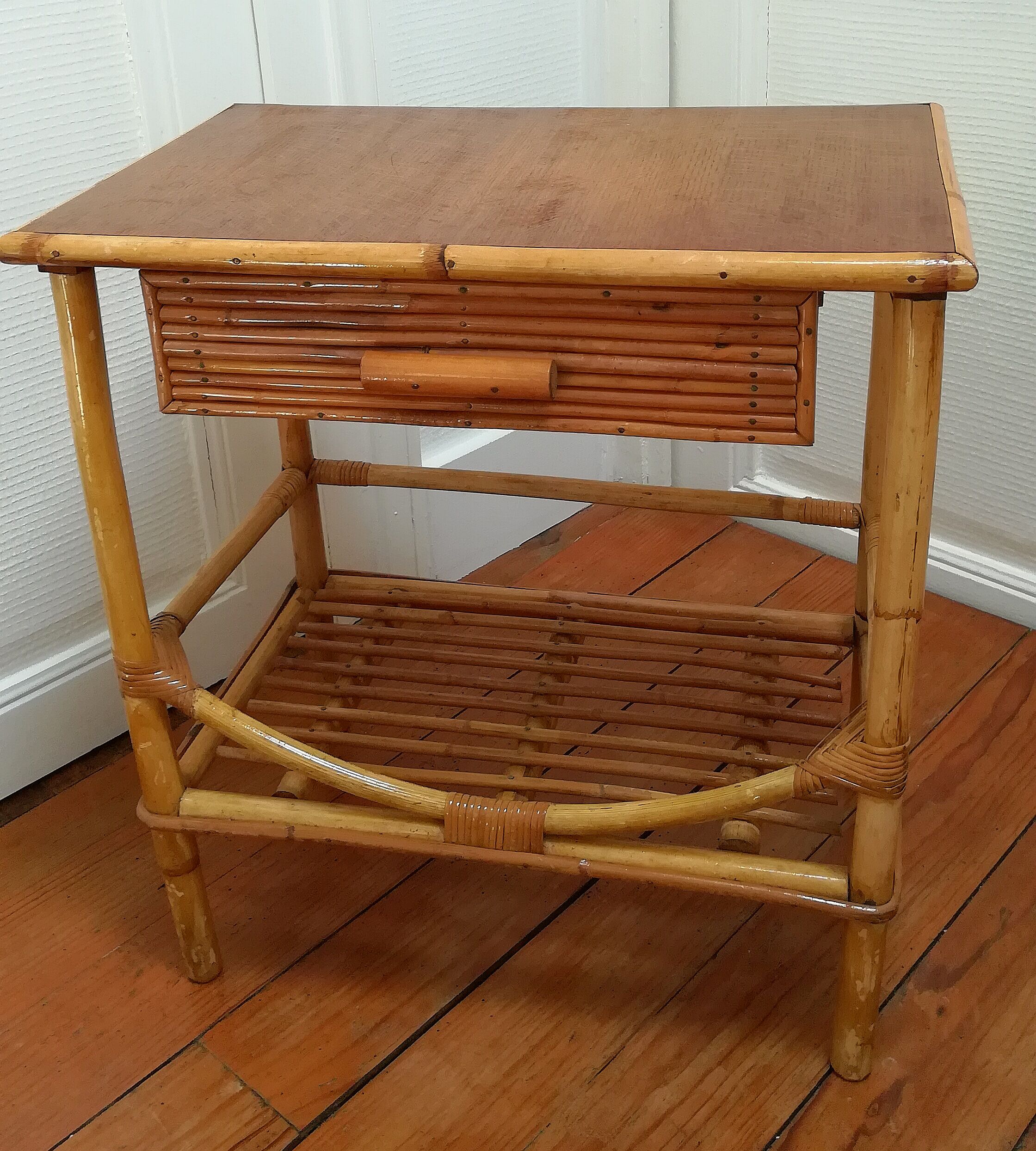 Rattan and vintage bamboo bedside table