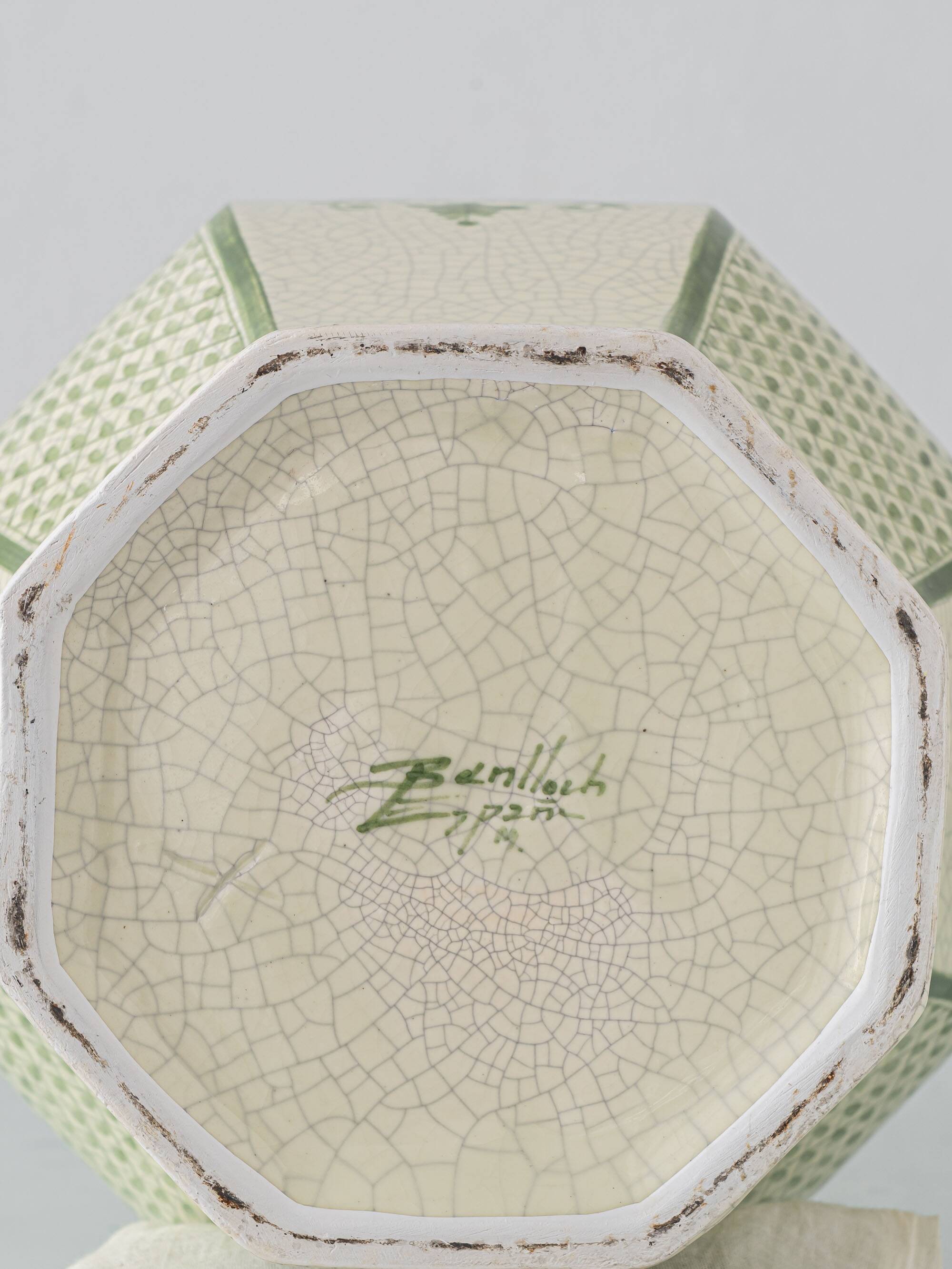 Spanish Revival Table Lamp in Green Ivory Crackle Ceramic, New Linen Shade