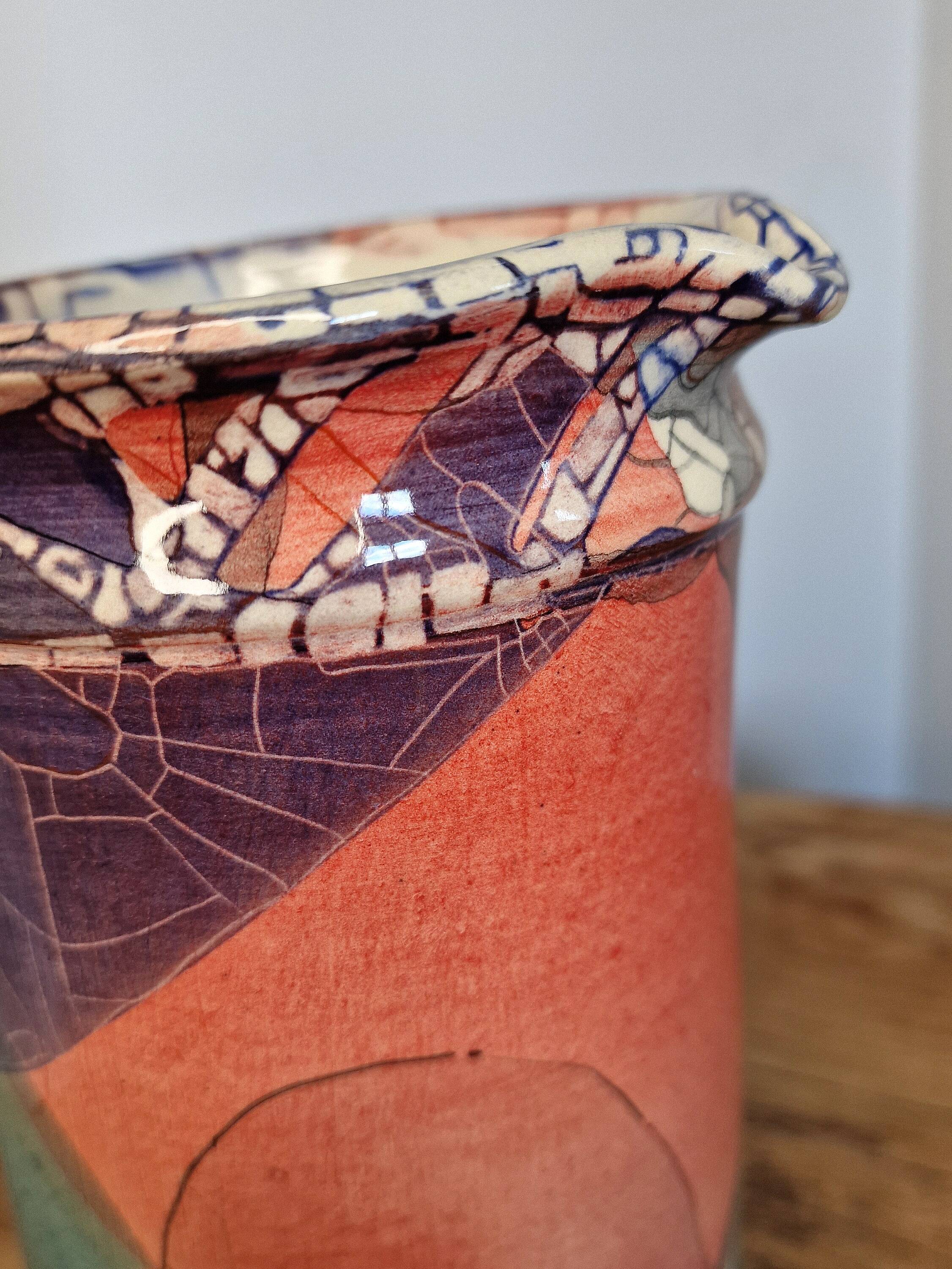 Large sculptural ceramic pitcher by a signed artist – abstract decoration