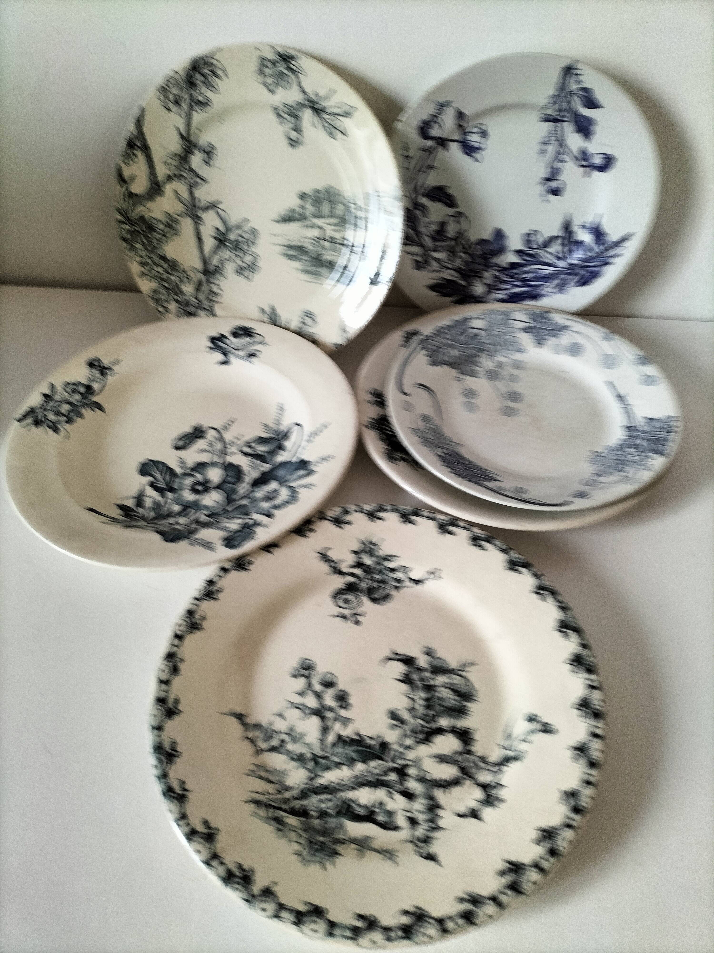Set of 6 ironstone plates in shades of blue, late 19th to early 20th century.