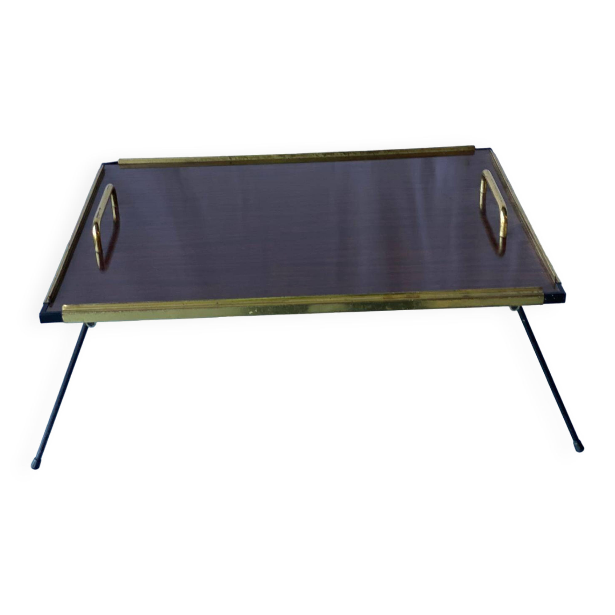 Plateau petit déjeuner pliant vintage palissandre doré 50x40