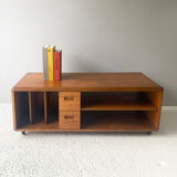 1970’s mid century modern large solid teak coffee table, media stand on castors