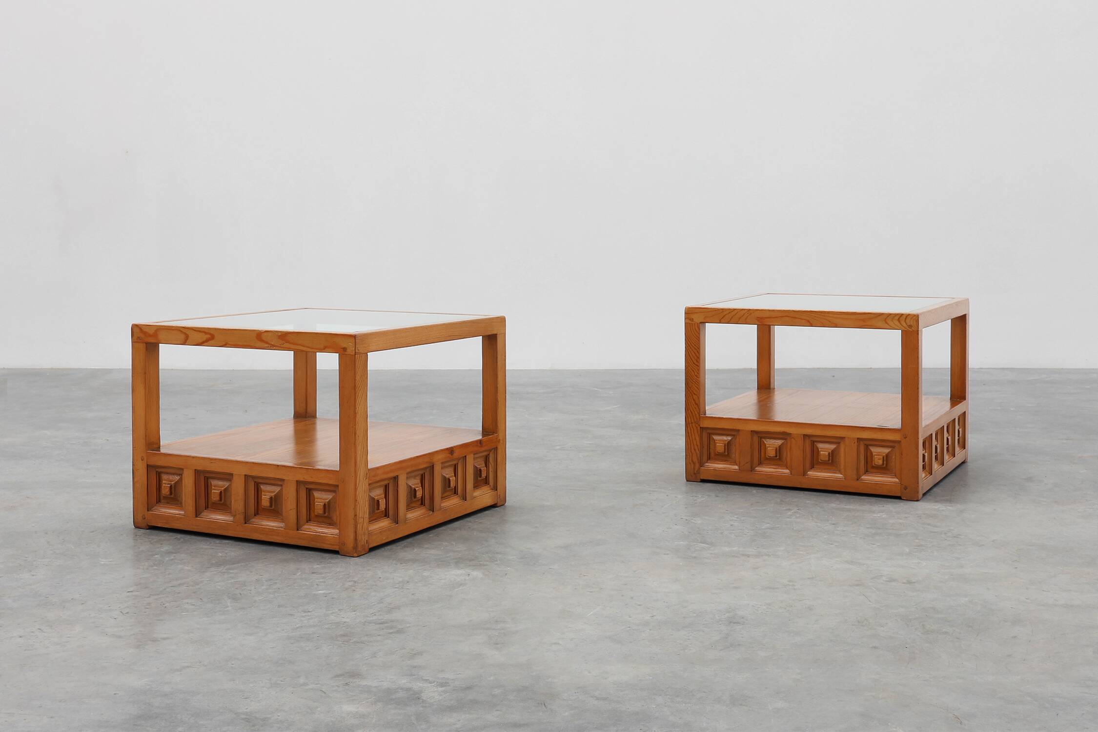 Pair geographical designed square Biosca coffee tables in pine wood, Spain