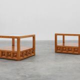 Pair geographical designed square Biosca coffee tables in pine wood, Spain