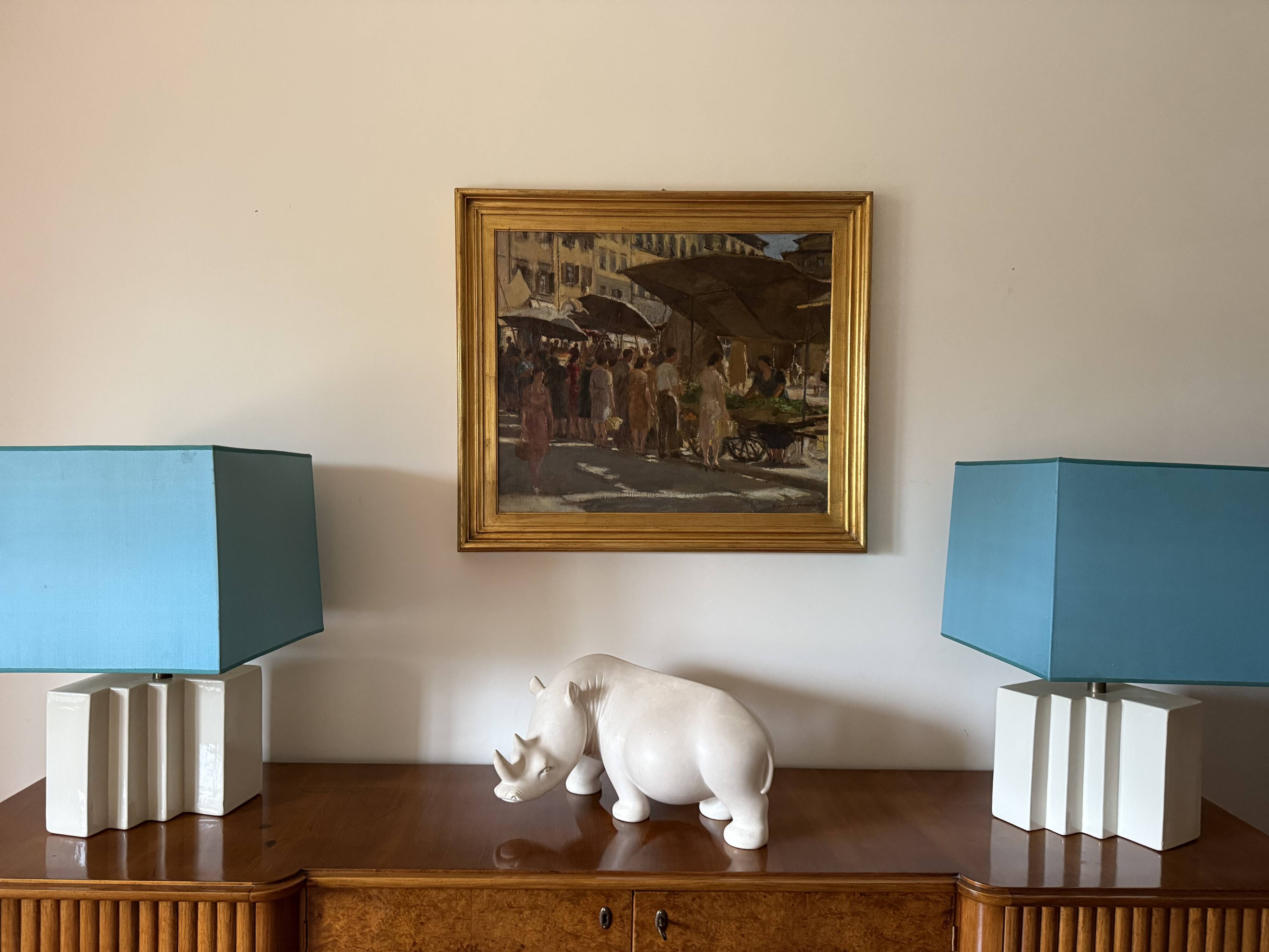 Hollywood regency set of 2 ceramic table Lamps, France 1970s